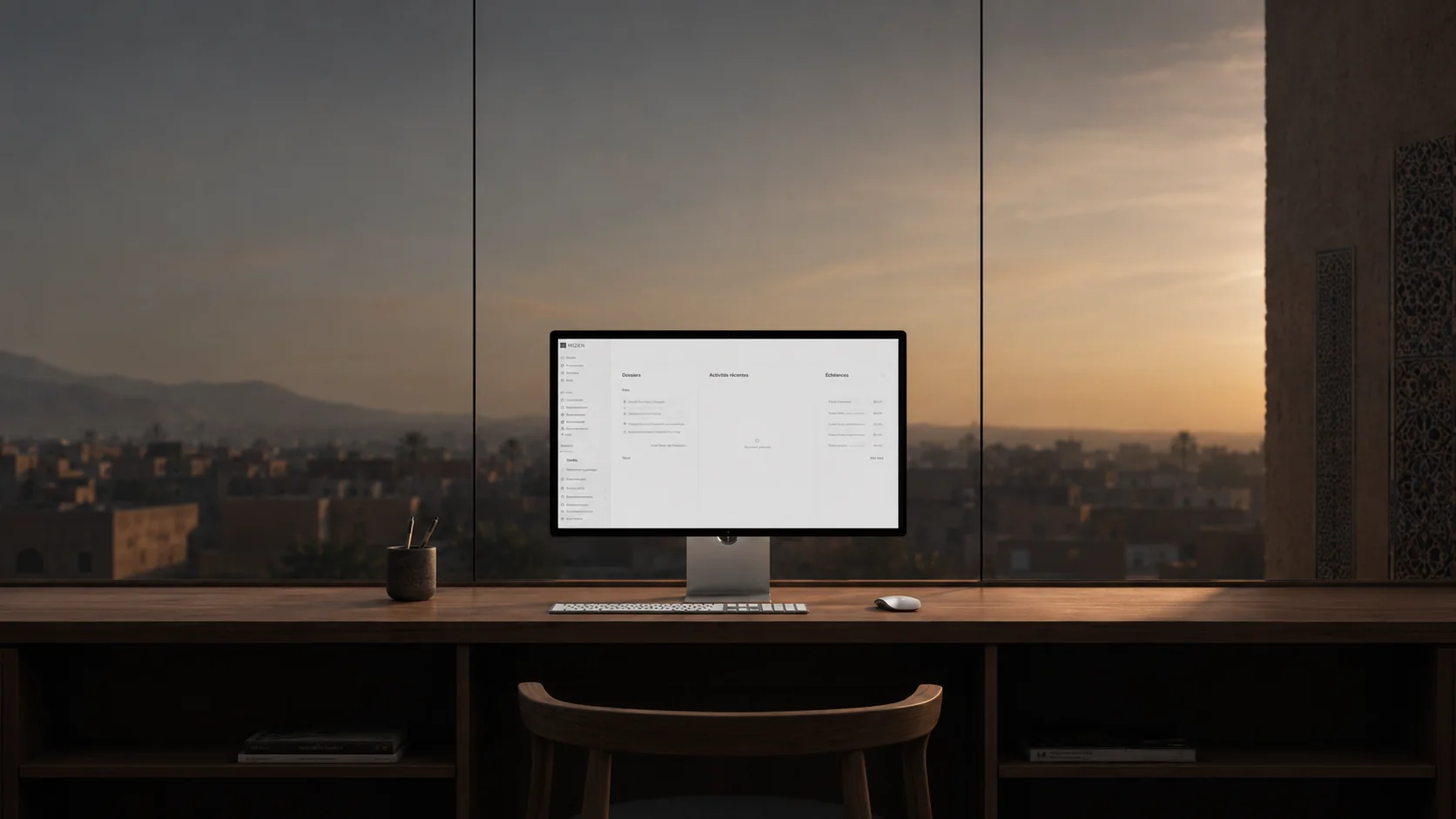 Aperçu de la plateforme Mizen — poste de travail au coucher du soleil, Maroc